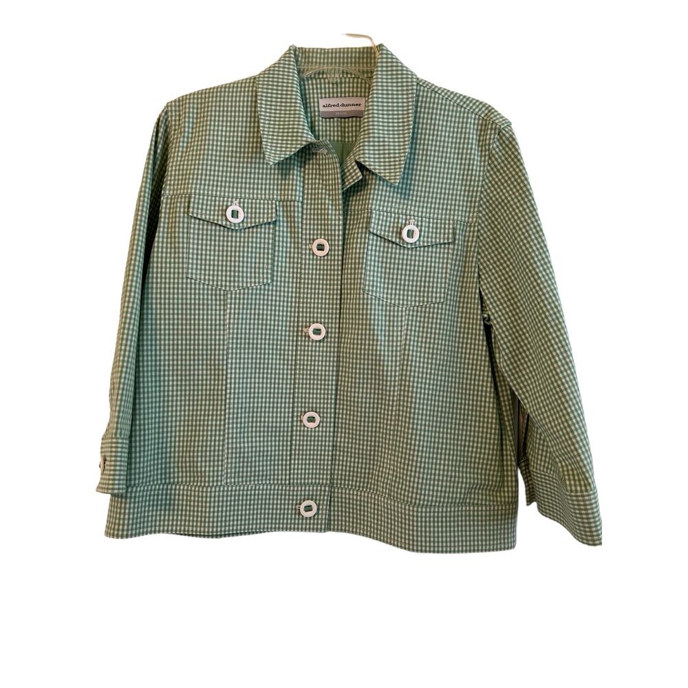 Alfred Dunner Petite Green and White Checked Jacket with Cute Button Detail 10P